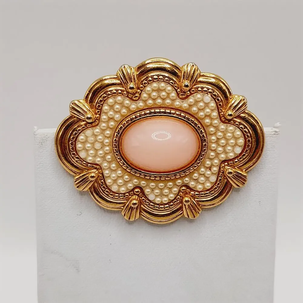 Vintage Gold Tone Brooch, Pink Cabochon Center, Faux Seed Pearl Design